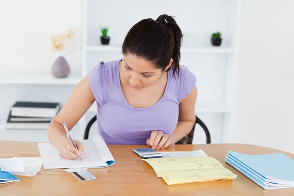 Young woman accounting in her living-room — Stock Photo, Image