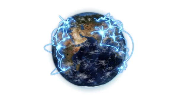 Geïllustreerde blauwe verbindingen op aarde met een beeld van de aarde hoffelijkheid van nasa.org — Stockfoto