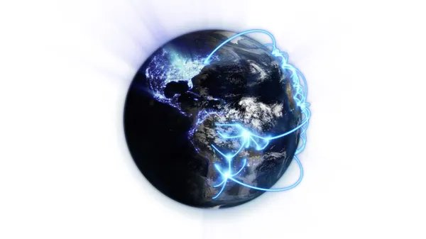 Geïllustreerde blauwe verbindingen op wazig aarde met een beeld van de aarde hoffelijkheid van nasa.org — Stockfoto