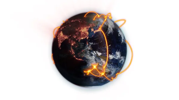 Connexions orange illustrées sur le monde avec une image de la Terre avec l'aimable autorisation de Nasa.org — Photo