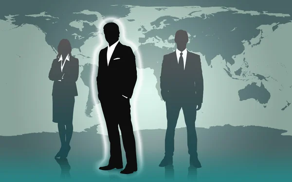 Businesspeople standing against a world map — Stock Photo, Image