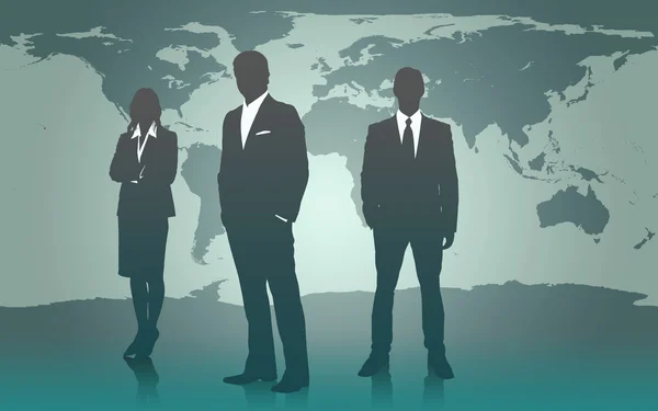 Businesspeople standing against map of world — Stock Photo, Image