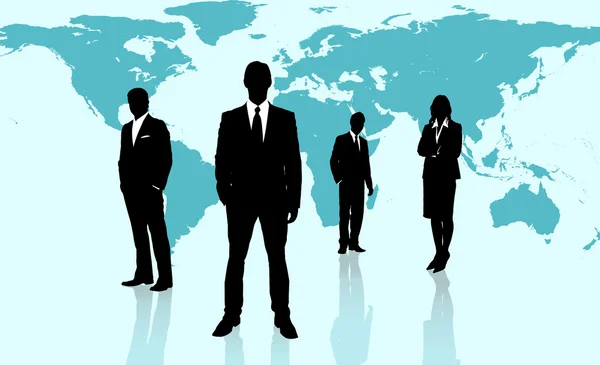 Businesspeople standing against a blue world map — Stock Photo, Image
