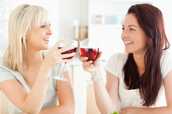Vrolijke vrouwen roosteren met wijn — Stockfoto