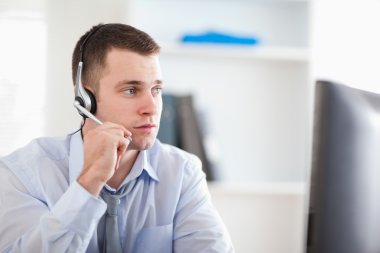 Call center agent speaking with costumer clipart