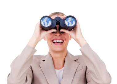 Joyful businesswoman predicting future success through binoculars clipart