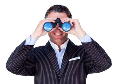 Smiling businessman using binoculars clipart