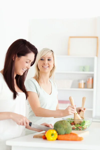 Mulheres lindas preparando jantar — Fotografia de Stock