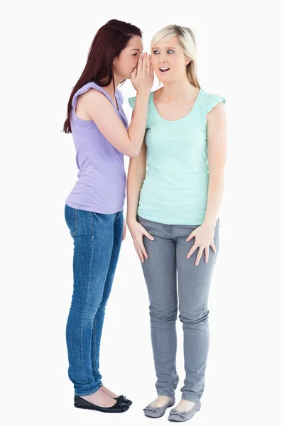 Charming woman telling friend a secret — Stok fotoğraf