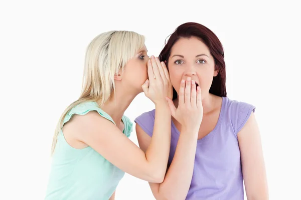 Portrait of a charming woman telling her friend a secret — Stock Photo, Image