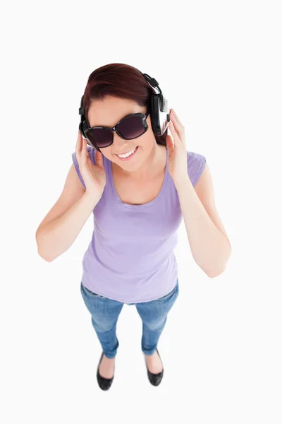 Gorgeous Woman with headphones and sunglasses — Stock Photo, Image