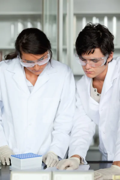Retrato de estudantes de ciências fazendo um experimento — Fotografia de Stock