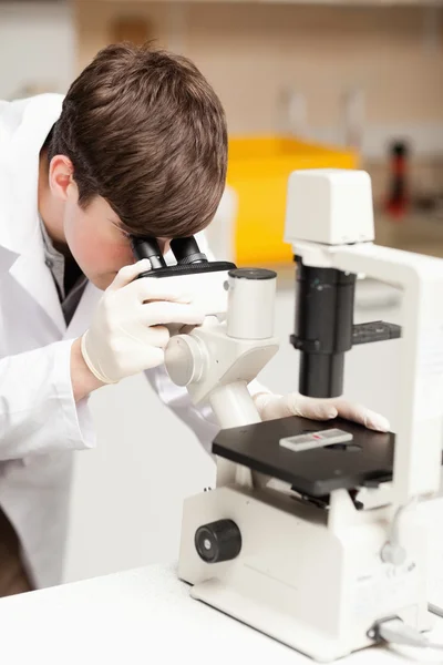 Ученый смотрит в микроскоп — стоковое фото