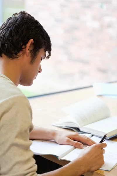 Retrato de um jovem estudante escrevendo um ensaio — Fotografia de Stock