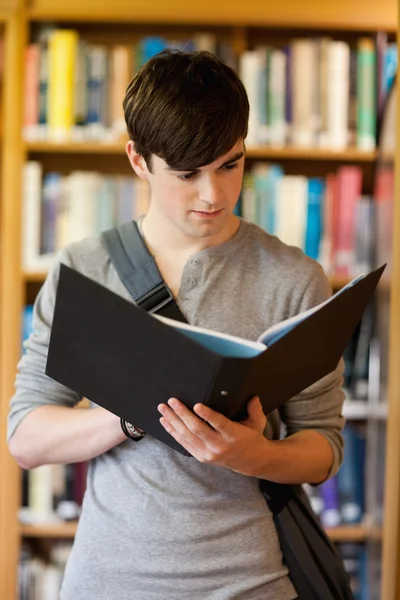 Portrait of a smiling student looking at a binder — Stock Photo, Image