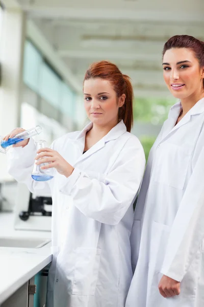 Πορτρέτο των επιστημόνων που ρίχνει μπλε υγρό σε μια κωνική flas — Φωτογραφία Αρχείου