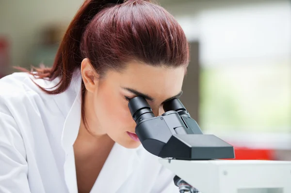 Zblízka vědce dívá do mikroskopu — Stock fotografie
