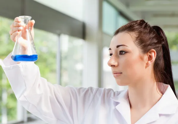 Niedliche Naturwissenschaftsstudentin blickt auf eine blaue Flüssigkeit — Stockfoto