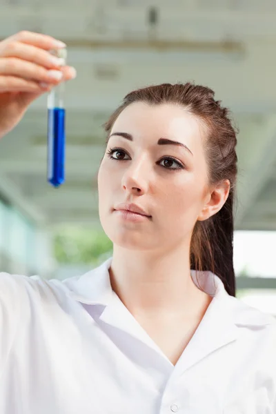 Portrait of a cute student looking at a test tube — Stock Photo, Image