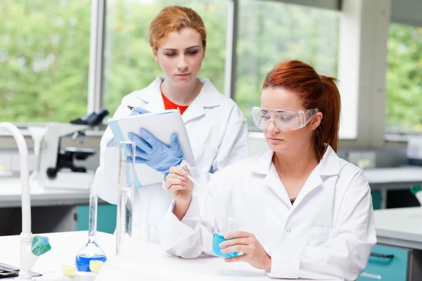 Jonge wetenschapsstudenten bezig met een experiment — Stockfoto