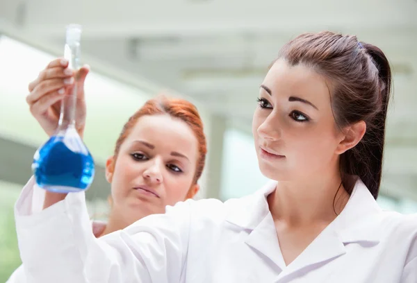 Socios de laboratorio mirando un frasco — Foto de Stock
