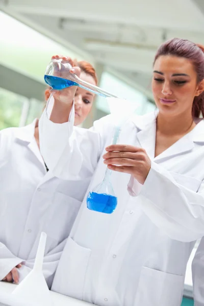 Portrait of smiling scientists pouring liquid into a flask — Stock Photo, Image
