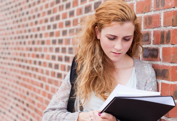 Härlig student läsa hennes anteckningar — Stockfoto
