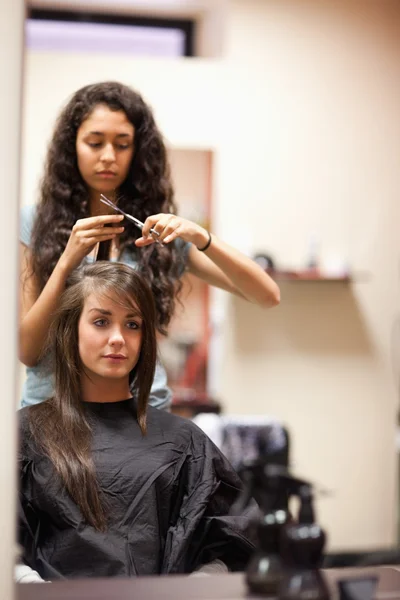 Portrait of a young woman having a haircut — Stock Photo, Image