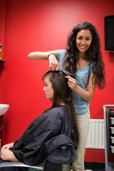 Portrait of a happy female hairdresser cutting hair — Stockfoto