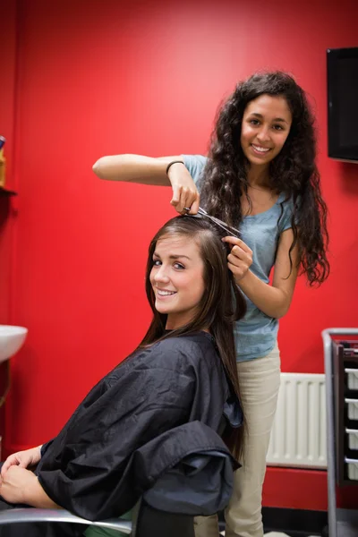 Portret van een gelukkig kapper knippen haar — Stockfoto