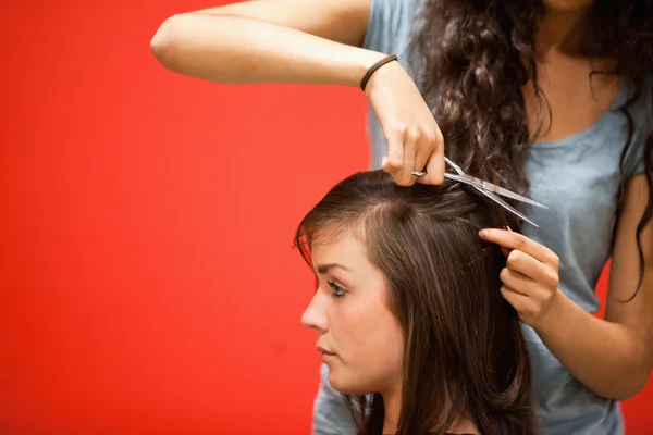 Friseurstudentin schneidet Haare — Stockfoto