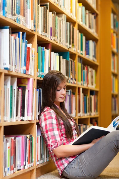 Retrato de uma jovem estudante lendo um livro — Fotografia de Stock