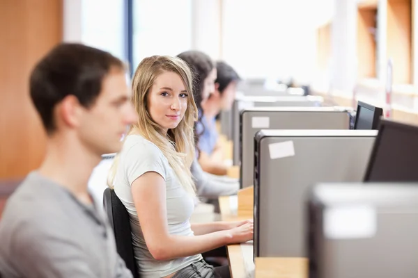 Fellow students using a computer — Stock Photo, Image