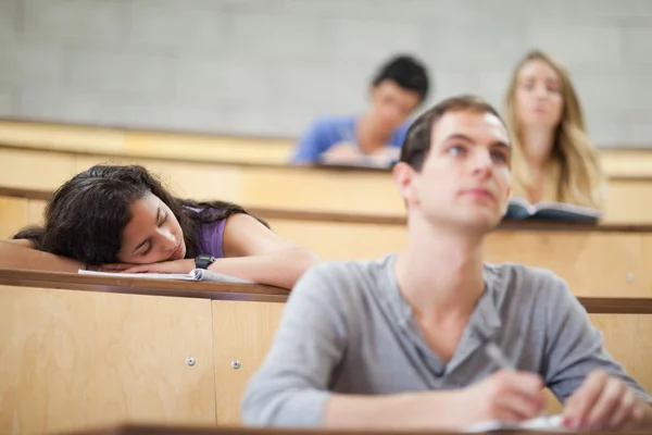 Estudiantes escuchando a un profesor mientras su compañero de clase duerme —  Fotos de Stock