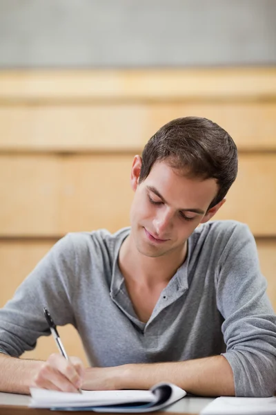 Retrato de um estudante do sexo masculino escrevendo em um bloco de notas — Fotografia de Stock