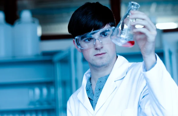 Erkek bilim adamı erlenmeyer flask seyir — Stok fotoğraf
