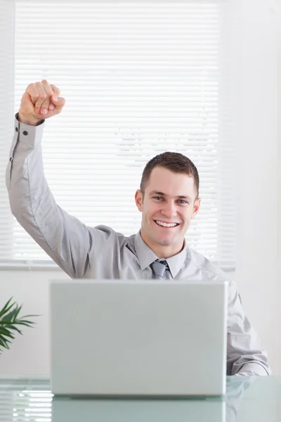 Close up of businessman getting awesome news via email — Stock Photo, Image