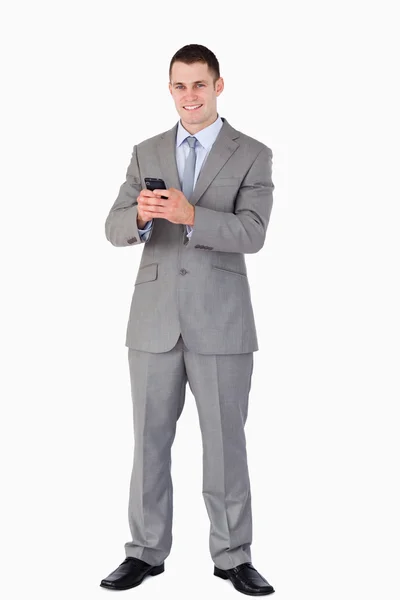 Businessman got good news via text message — Stock Photo, Image