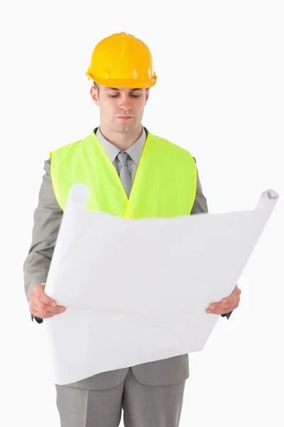 Портрет строителя, смотрящего на план — стоковое фото