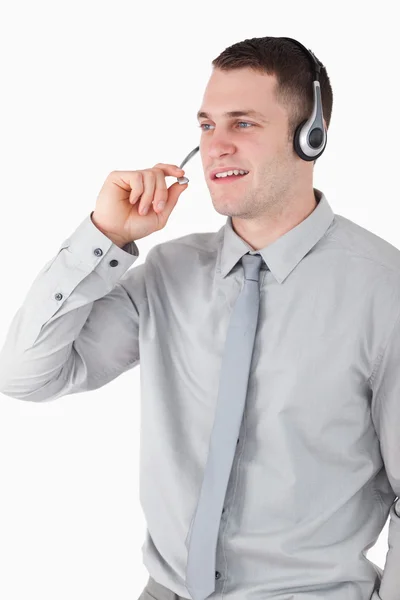 Retrato de um assistente usando um fone de ouvido — Fotografia de Stock