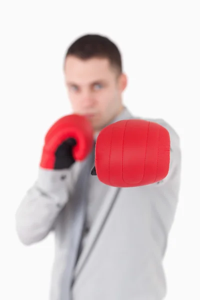 Retrato de um homem de negócios usando luvas de boxe — Fotografia de Stock
