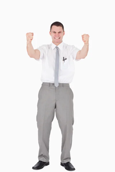 成功的销售人员用拳头向上的肖像 — 图库照片