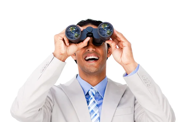 Happy businessman looking through binoculars — Stock Photo, Image