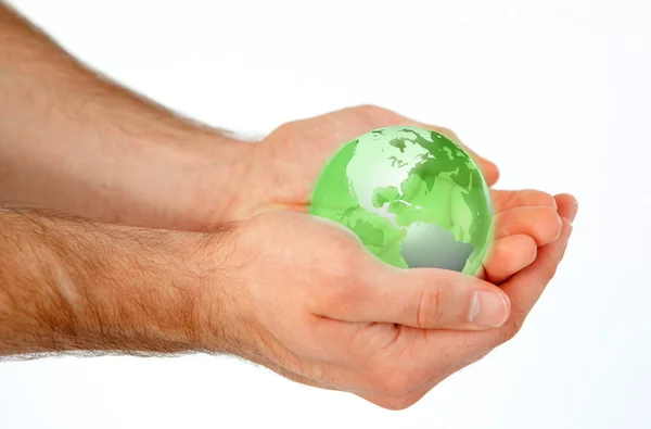 stock image Masculine hands holding a 3d planet globe