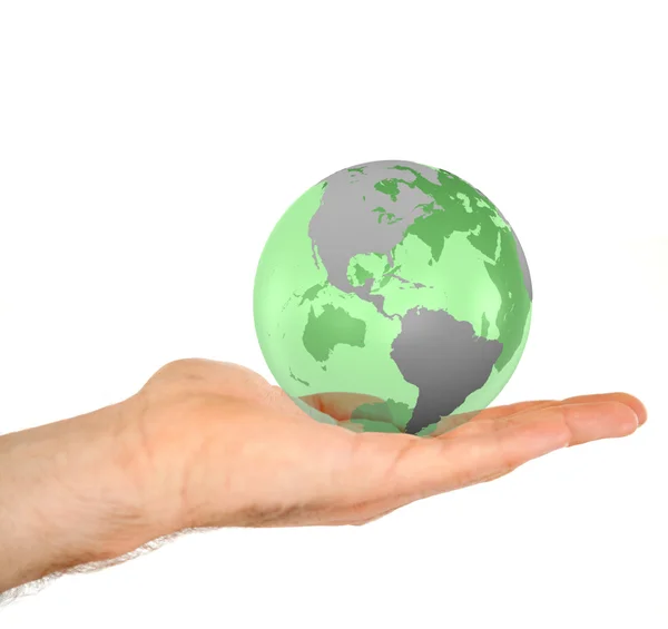 Masculine hand holding a 3d planet globe — Stock Photo, Image