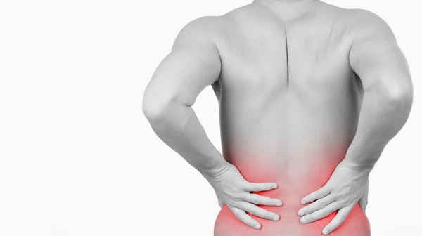 Hombre mostrando que tiene dolor en la espalda —  Fotos de Stock