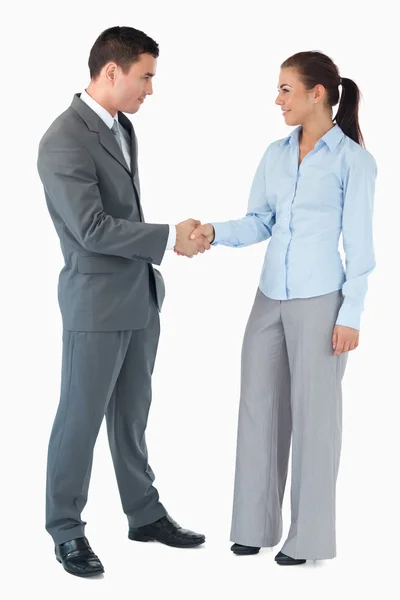 Businesspartner schudden handen tegen een witte achtergrond — Stockfoto