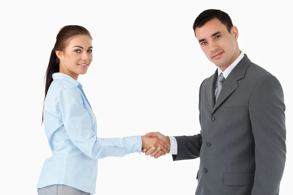 若いビジネスパートナーが握手をし — ストック写真
