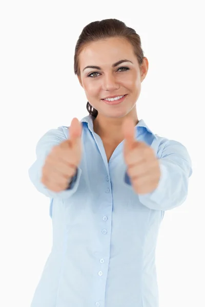 Smiling businesswoman giving both thumbs up — Stock Photo, Image