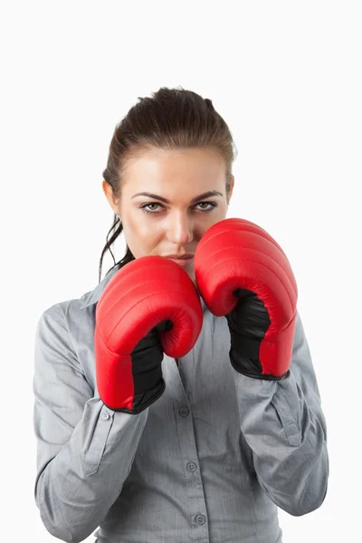 Femme d'affaires avec gants de boxe sur — Photo